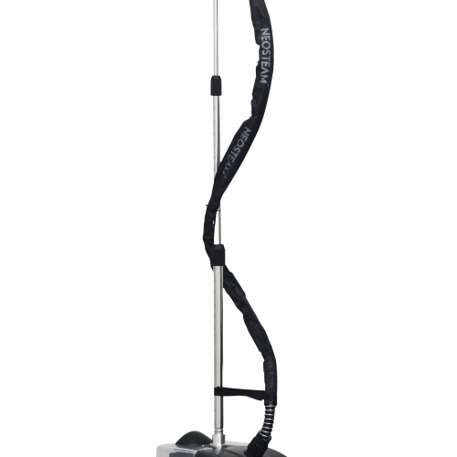 19 - NeoSteam Vertical garment steamer with a long metal pole, flexible hose, and wheeled base for removing wrinkles from clothes