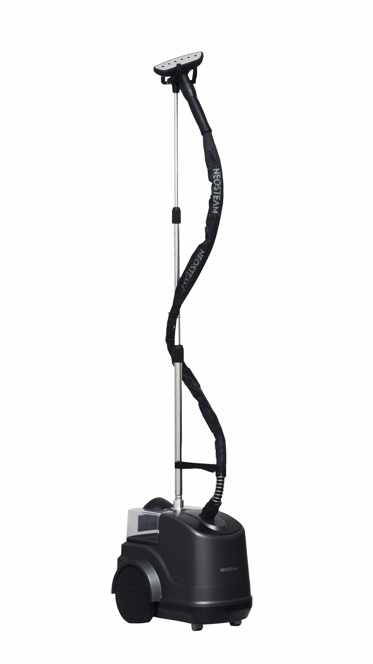 19 - NeoSteam Vertical garment steamer with a long metal pole, flexible hose, and wheeled base for removing wrinkles from clothes