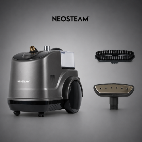 Neosteam steam cleaning machine with a large gray body on wheels, and two detachable attachments—a brush head and a handheld pad—shown on a gray backdrop.
