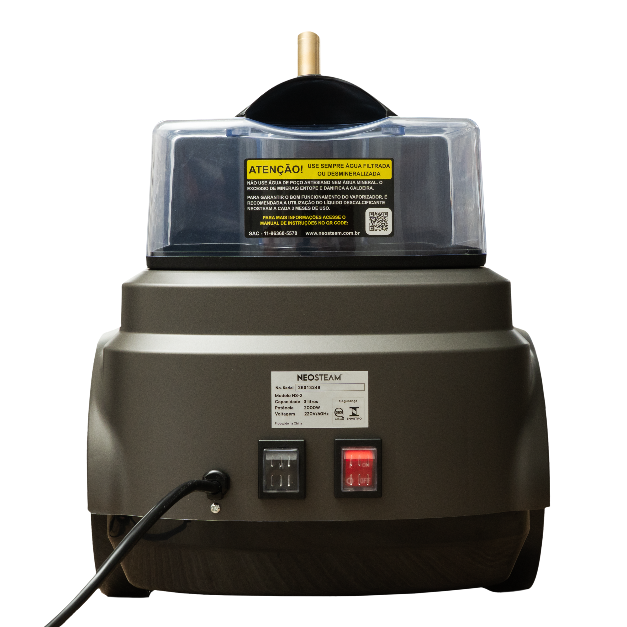 4 - NeoSteam Back view of a black appliance showing a yellow warning label, two switches, a power cord, and a NEOSTEAM model/serial sticker.