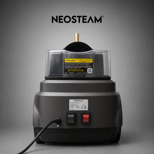Neosteam steam sterilizer on a dark gray base with a clear plastic lid and power cord visible in front.