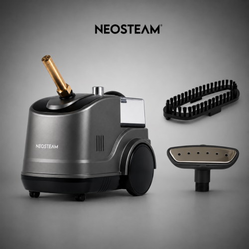Neosteam steam cleaner with a brass nozzle, large wheeled unit, and two detachable attachments (brush and flat plate).