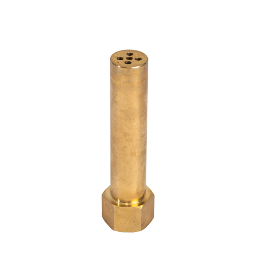 Bico_2_SF - NeoSteam Close-up of a brass cylindrical nozzle with five small holes on the top and a hex nut at the base.