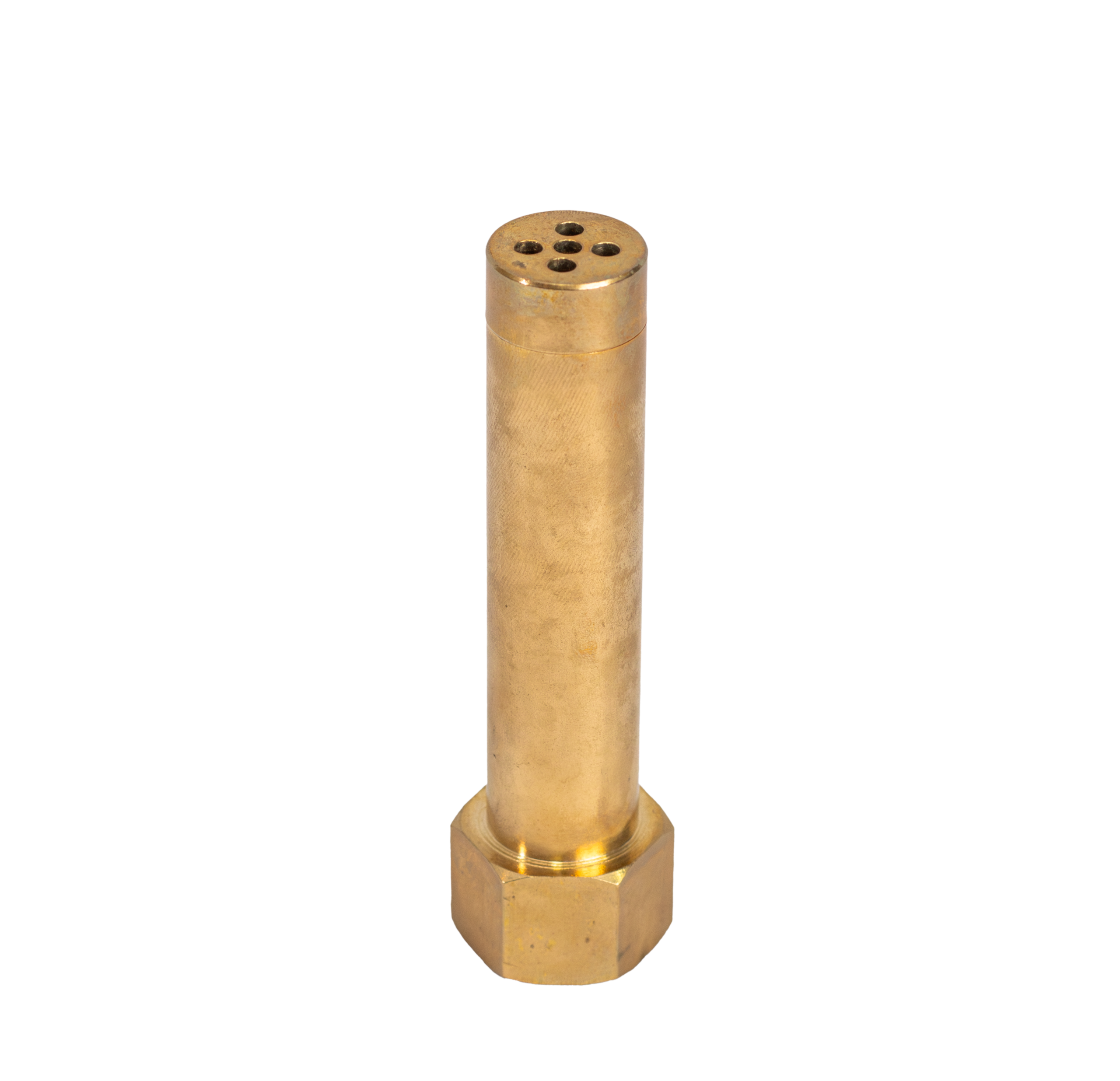 Bico_2_SF - NeoSteam Close-up of a brass cylindrical nozzle with five small holes on the top and a hex nut at the base.