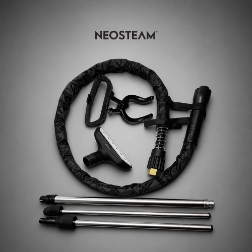 Neosteam brand professional hair steaming kit laid out: circular hose, handheld steam nozzle, three metal wands, and connectors on a gray background.