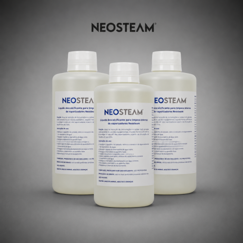 Three NEOSTEAM bottles standing on a gray surface against a dark gray gradient background.