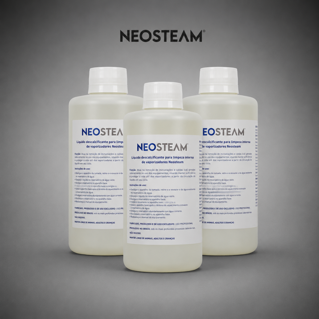57 - NeoSteam Three NEOSTEAM bottles standing on a gray surface against a dark gray gradient background.
