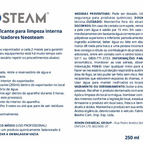 RÓTULO DESCALCIFICANTE_page-0001 - NeoSteam Product label for Neosteam descaling solution (250 ml) with usage instructions and safety warnings in Portuguese.