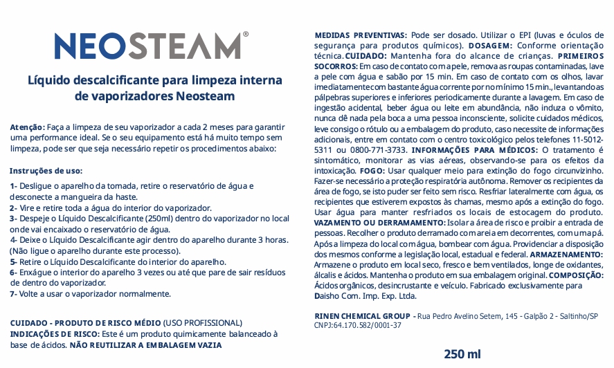 RÓTULO DESCALCIFICANTE_page-0001 - NeoSteam Product label for Neosteam descaling solution (250 ml) with usage instructions and safety warnings in Portuguese.