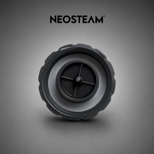 24 1 - NeoSteam Close-up of a black circular impeller with a central hub and cross-shaped spokes, Neosteam branding above.