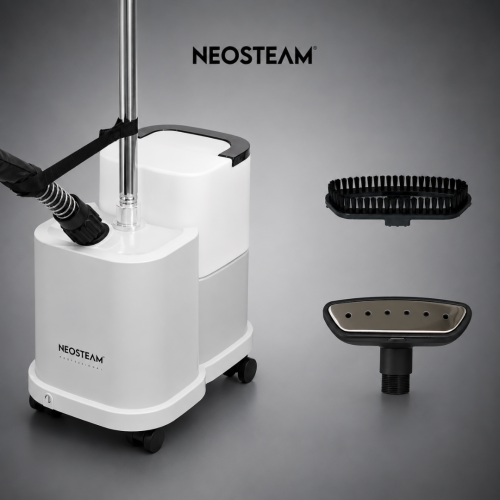 Neosteam professional cosmetic steam machine on wheels with detachable wand and brush accessory nearby