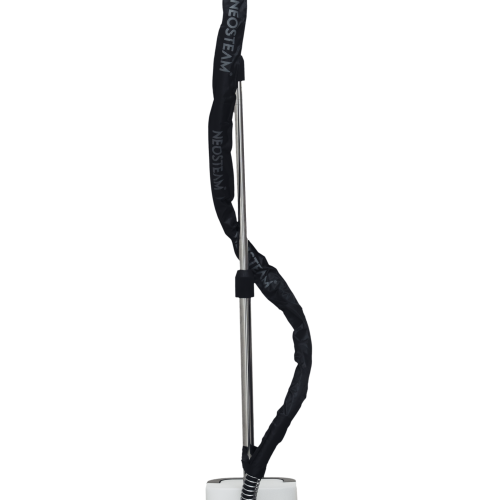 Tall, white Neosteam garment steamer on a wheeled base with a long, wrapped hose and a handheld steam head at the top for fabric steaming.