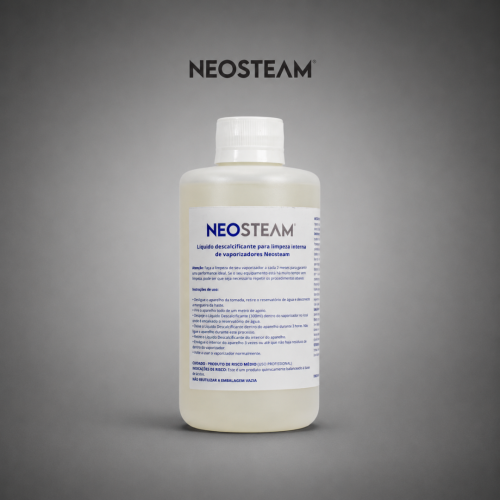 61 - NeoSteam Bottle of Neosteam descaling liquid for internal vaporizer cleaning, white cap, label in Portuguese, on a gray studio background