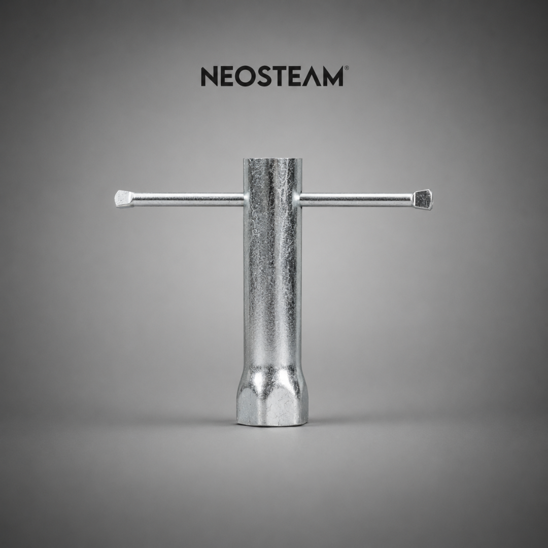 70 - NeoSteam Chrome T-bar hand tool mounted on a vertical metallic post against a gray studio backdrop; Neosteam logo above