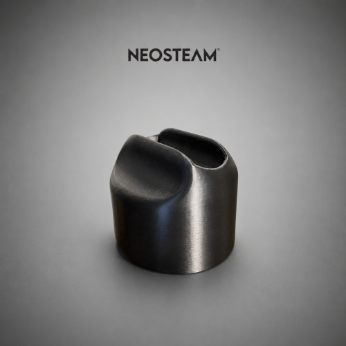 Black metal cylindrical component with a curved, split top on a gray studio backdrop; Neosteam logo centered above.
