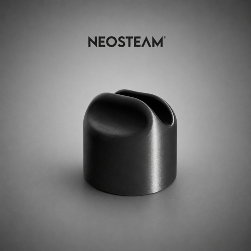Neosteam logo above a matte black metal component with a rounded, scooped top on a gray gradient background