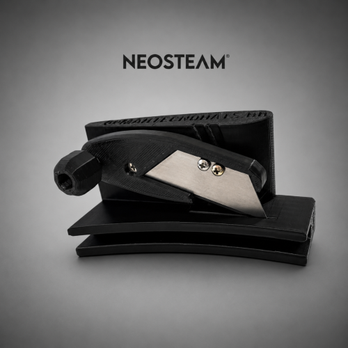 NEOSTEAM logo over a close-up of a black foot pedal with a metal blade and screws on a gray backdrop.