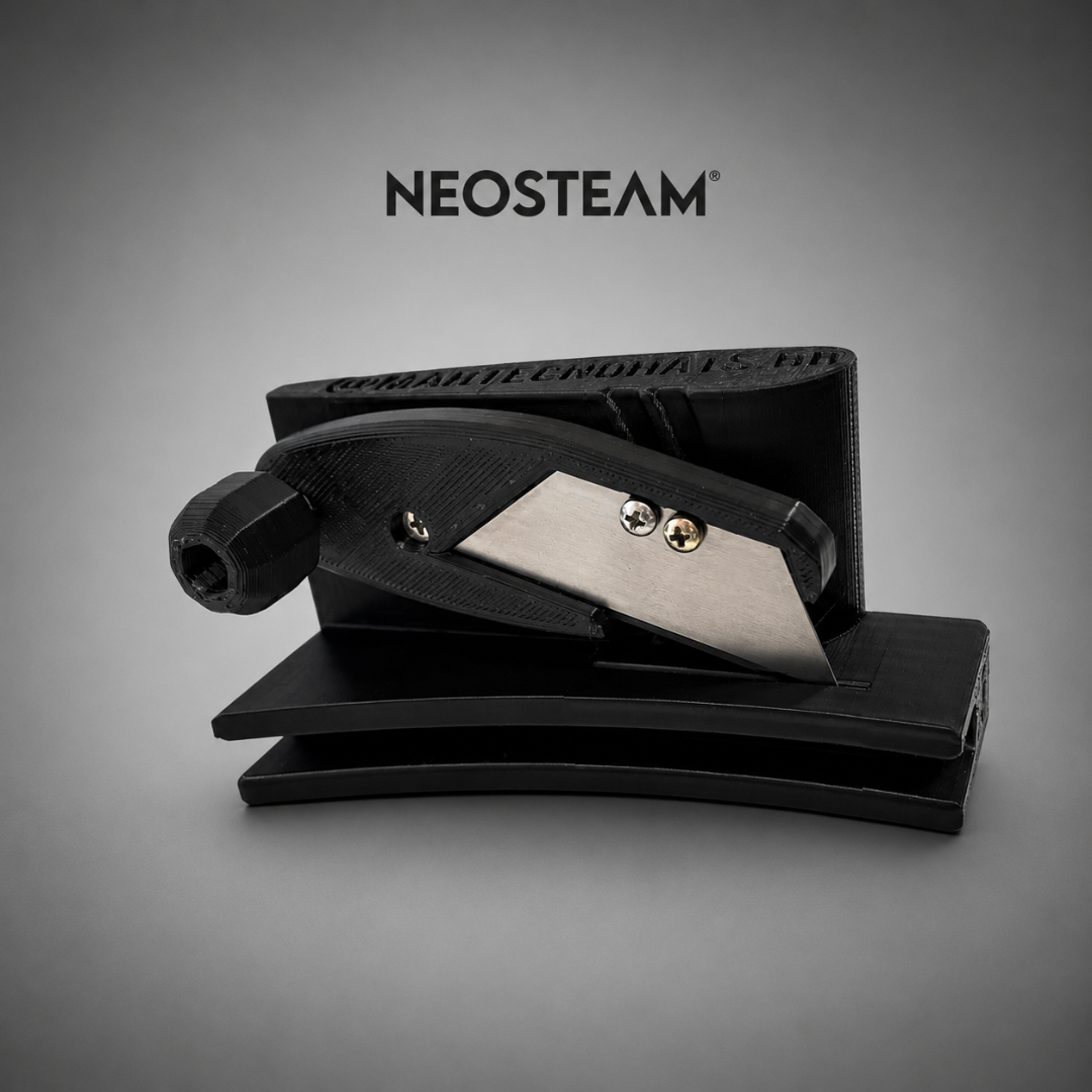 45 - NeoSteam NEOSTEAM logo over a close-up of a black foot pedal with a metal blade and screws on a gray backdrop.