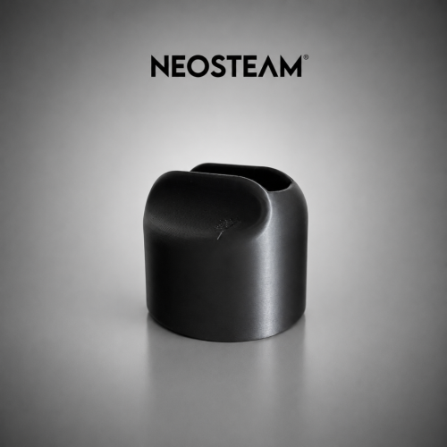 Black cylindrical device with a rounded top and a top-notch opening, centered NEOSTEAM logo above.