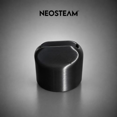 Neosteam logo above a matte black cylindrical metal object on a gray studio backdrop.