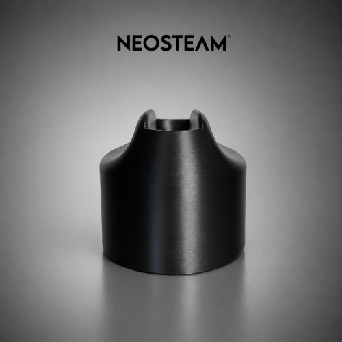 Close-up of a matte black metal cylindrical part with a hollow top, set against a gray gradient and the Neosteam logo above.