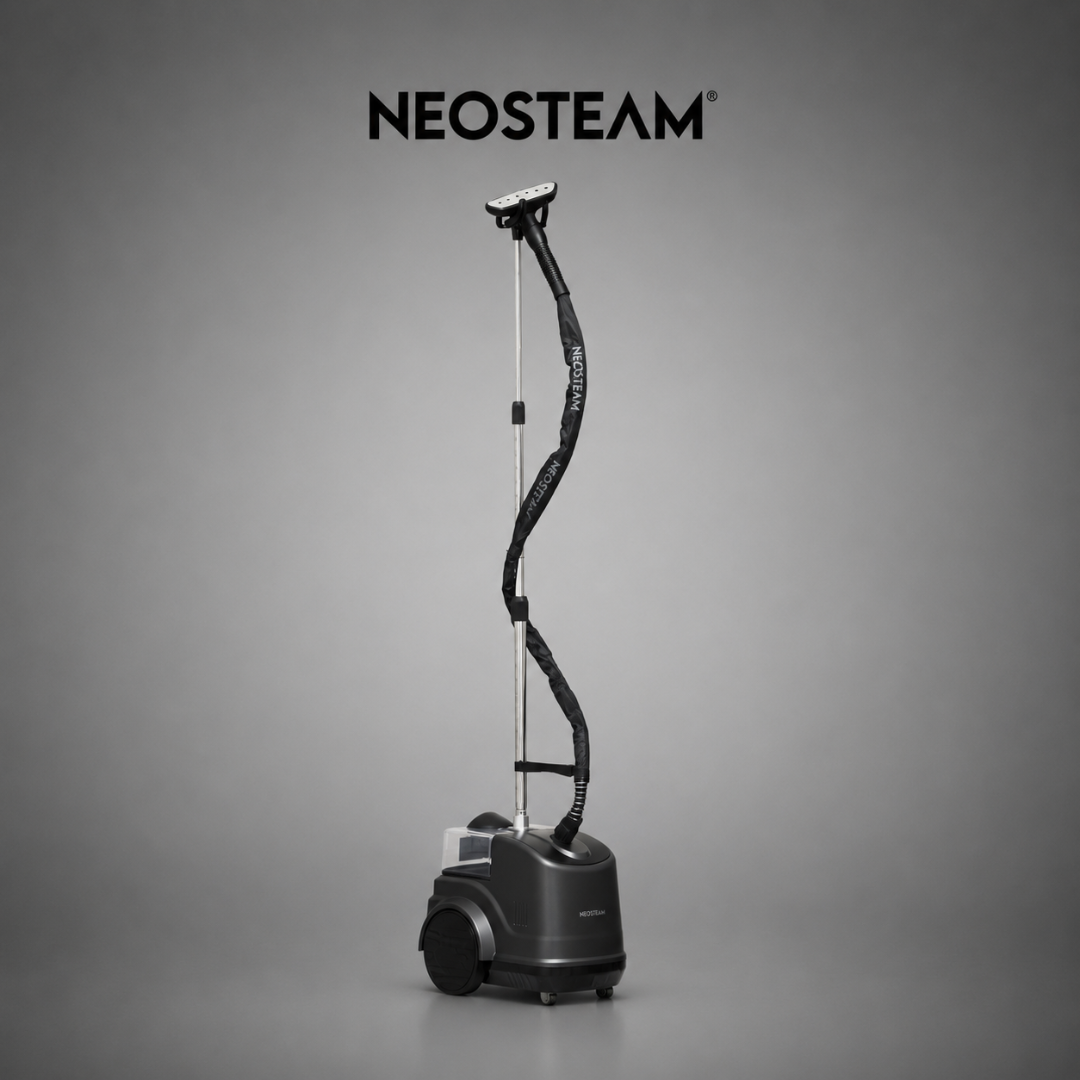 18 1 - NeoSteam Full‑size Neosteam garment steamer on a wheeled base with a tall adjustable pole and flexible hose, set against a grey studio background.
