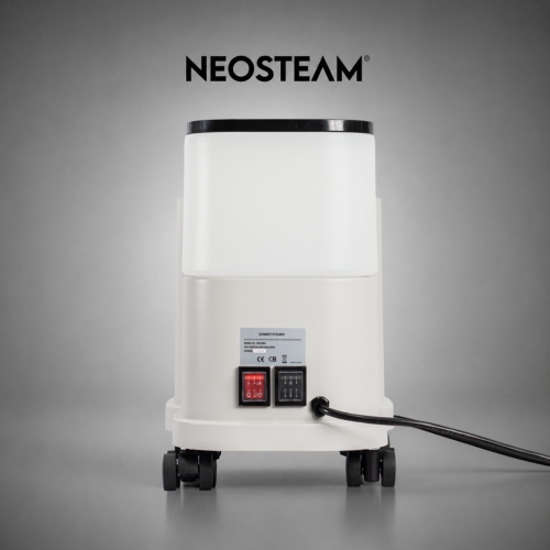 26 1 - NeoSteam Back view of a white garment steamer on wheels with red and black switches and a power cord, NEOSTEAM logo above.