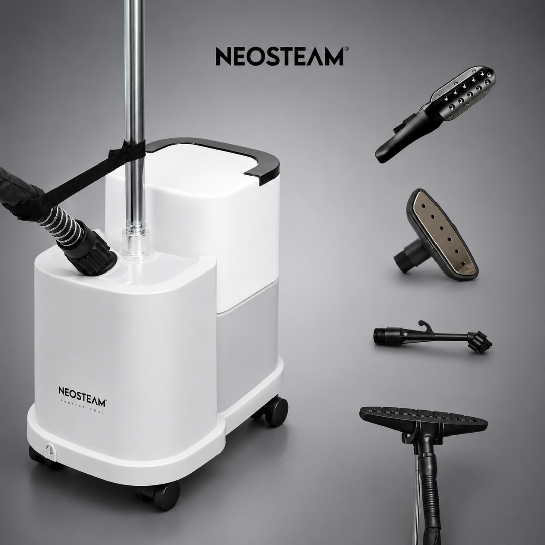 27 - NeoSteam Medical/beauty steam system on a white cart with detachable handpieces floating to the right, showcasing multiple attachments by Neosteam for professional use