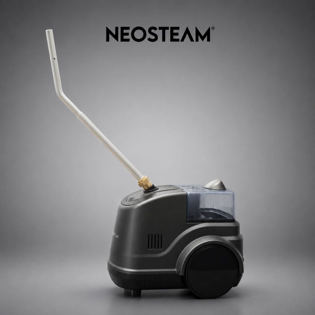 35 1 - NeoSteam Compact steam cleaner with a long white wand attached to a gray body and transparent water tank, on a neutral backdrop.