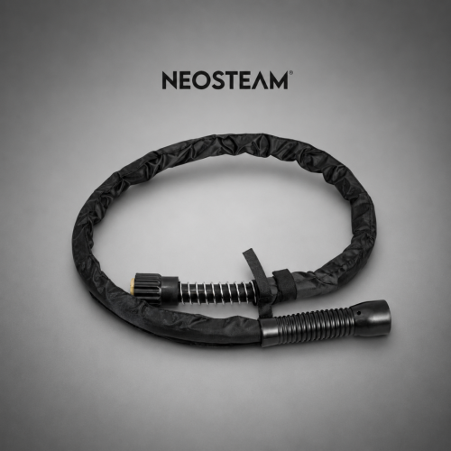 Neosteam logo above a looped black protective cable with a metal spring section and two end connectors on a gray background