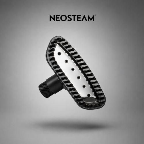 Neosteam steam styling brush head with black bristles and perforated white center, angled in a studio setting.