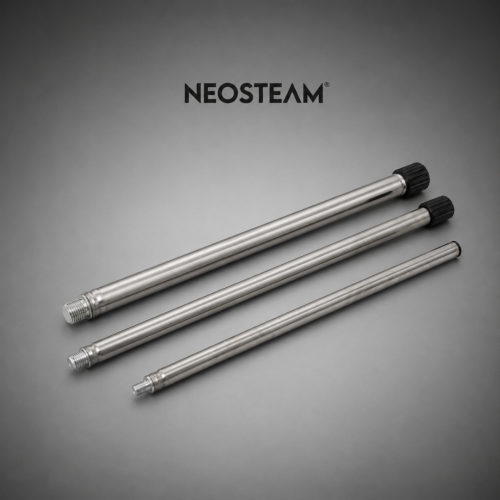 Three stainless steel rods with threaded ends and black end caps, laid diagonally on a gray background with the NEOSTEAM logo above them.