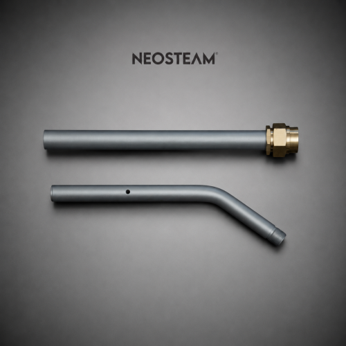 53 - NeoSteam Two gray metal tubes with a brass fitting on the right and a second bent tube, laid on a gray backdrop with the NEOSTEAM logo above them.