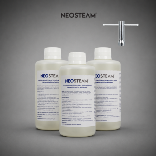 Three Neosteam bottles with white caps and labels on a gray studio backdrop, with a metal dispensing tool suspended above them in the air.