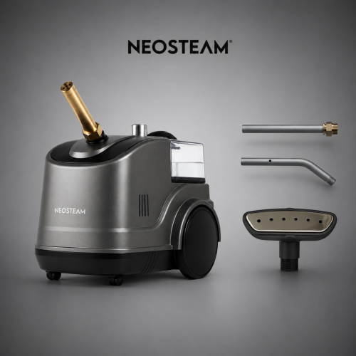 Neosteam steam cleaning machine with a gold nozzle attached, plus two accessory rods and a handheld steam head on a gray background.