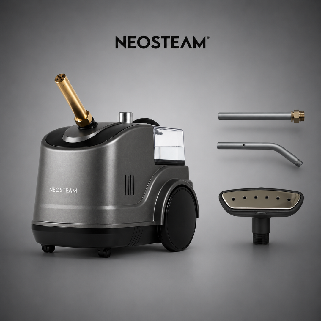 6 - NeoSteam Neosteam steam cleaning machine with a gold nozzle attached, plus two accessory rods and a handheld steam head on a gray background.