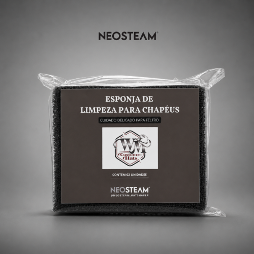 Neosteam hat cleaning sponge packaging, two units visible inside plastic wrap with a dark label and logo.