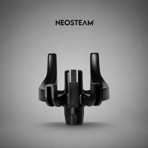 Product image of a black dental device with three prongs on a gray backdrop; NEOSTEAM logo appears above.