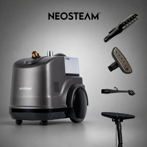 Neosteam steam cleaning machine with modular attachments floating to the right.