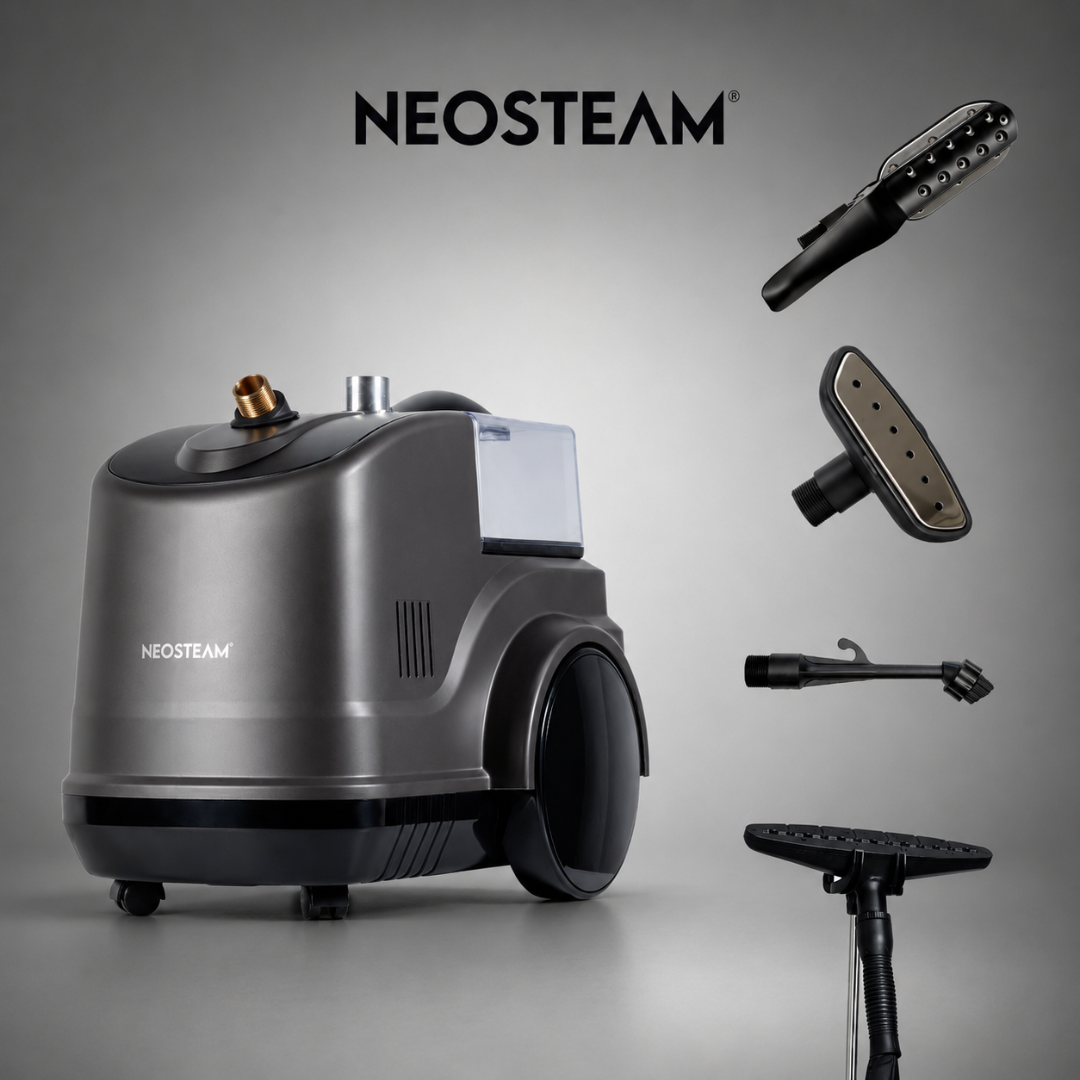 71 - NeoSteam Neosteam steam cleaning machine with modular attachments floating to the right.