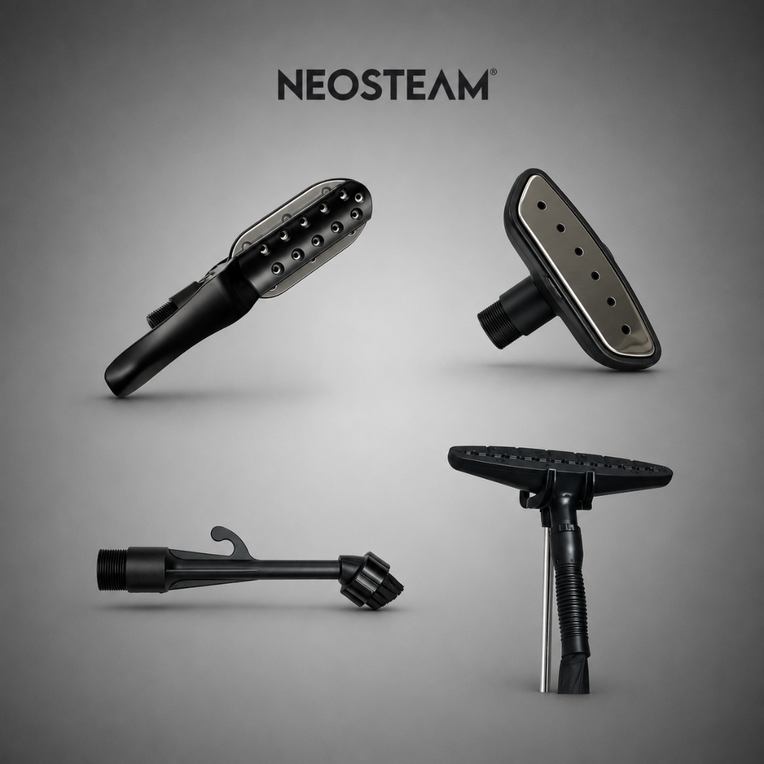 74 1 - NeoSteam Neosteam product image showing four black steam iron components on a gray background with the brand name above.