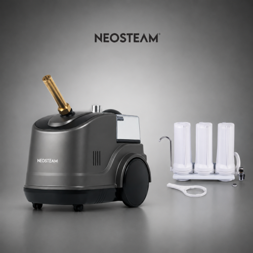 NEOSTEAM device with a gold-toned wand and a cartridge-filter accessory kit beside it against a gray backdrop.