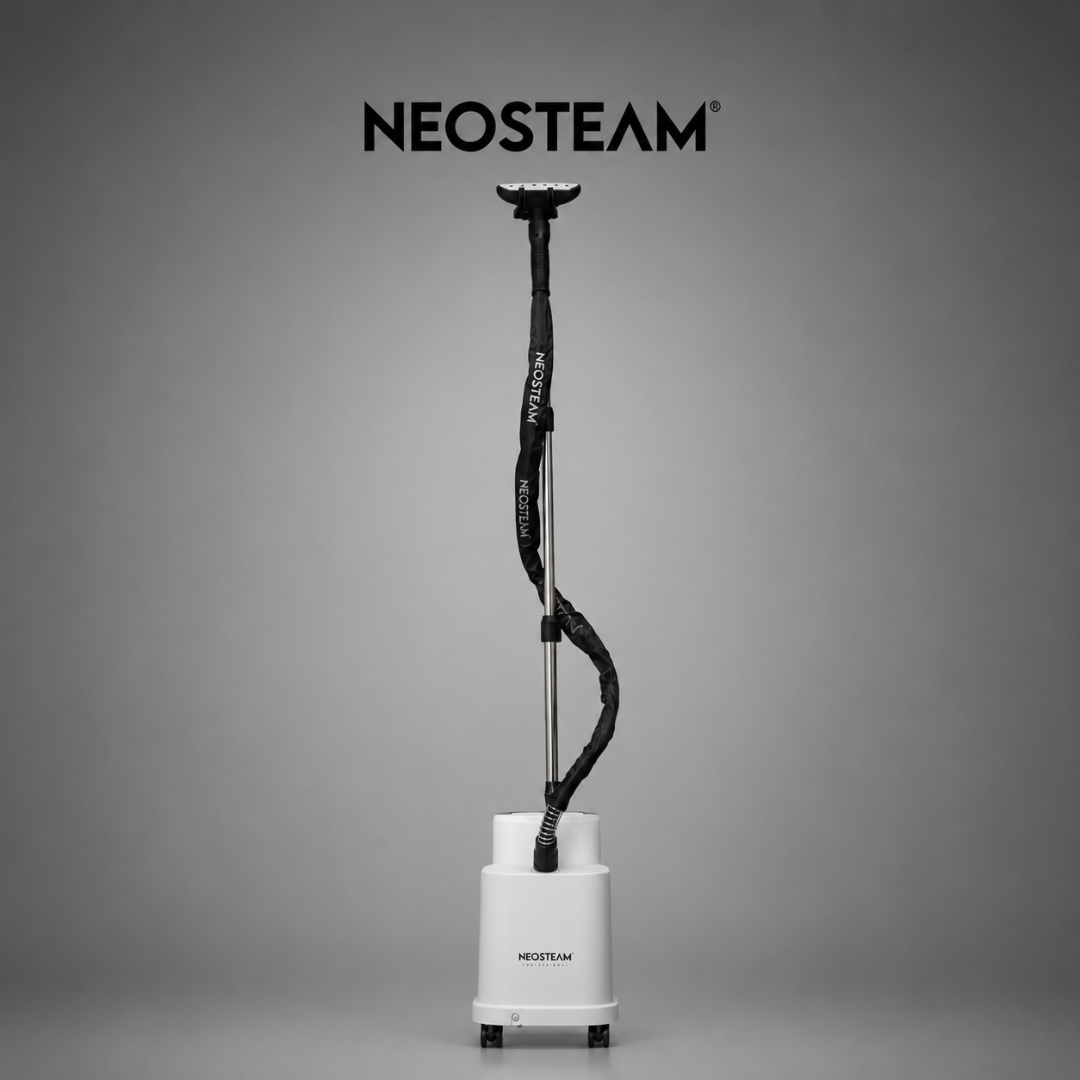 20 1 - NeoSteam Portable steam cleaning system on a wheeled white cart, featuring a tall vertical pole and black insulated hose, branded Neosteam.