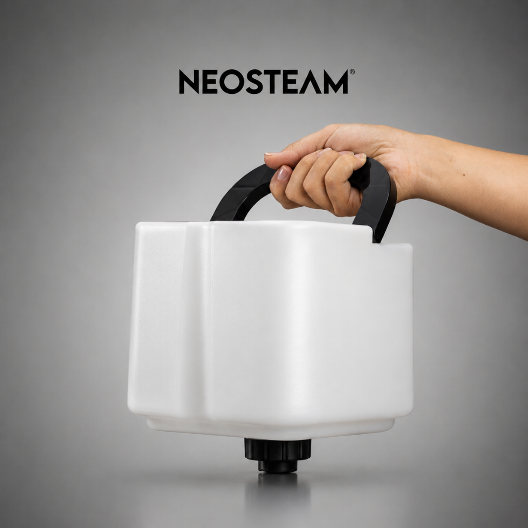 23 - NeoSteam Hand gripping a white cylindrical medical device with a black curved handle; NEOSTEAM branding above.