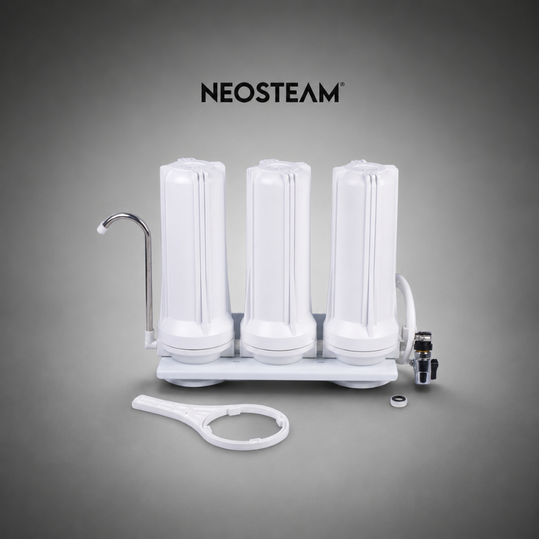39 - NeoSteam Triple‑stage white water filtration system with a chrome faucet, mounted on a base (Neosteam brand).