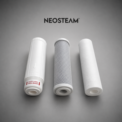 43 - NeoSteam Three cylindrical water filter cartridges on a gray surface with the Neosteam logo overhead.