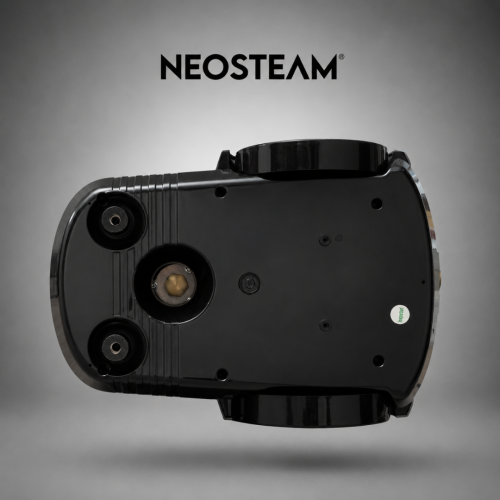 56 - NeoSteam Bottom view of a black Neosteam appliance with three wheels and a central port; NEOSTEAM logo above.