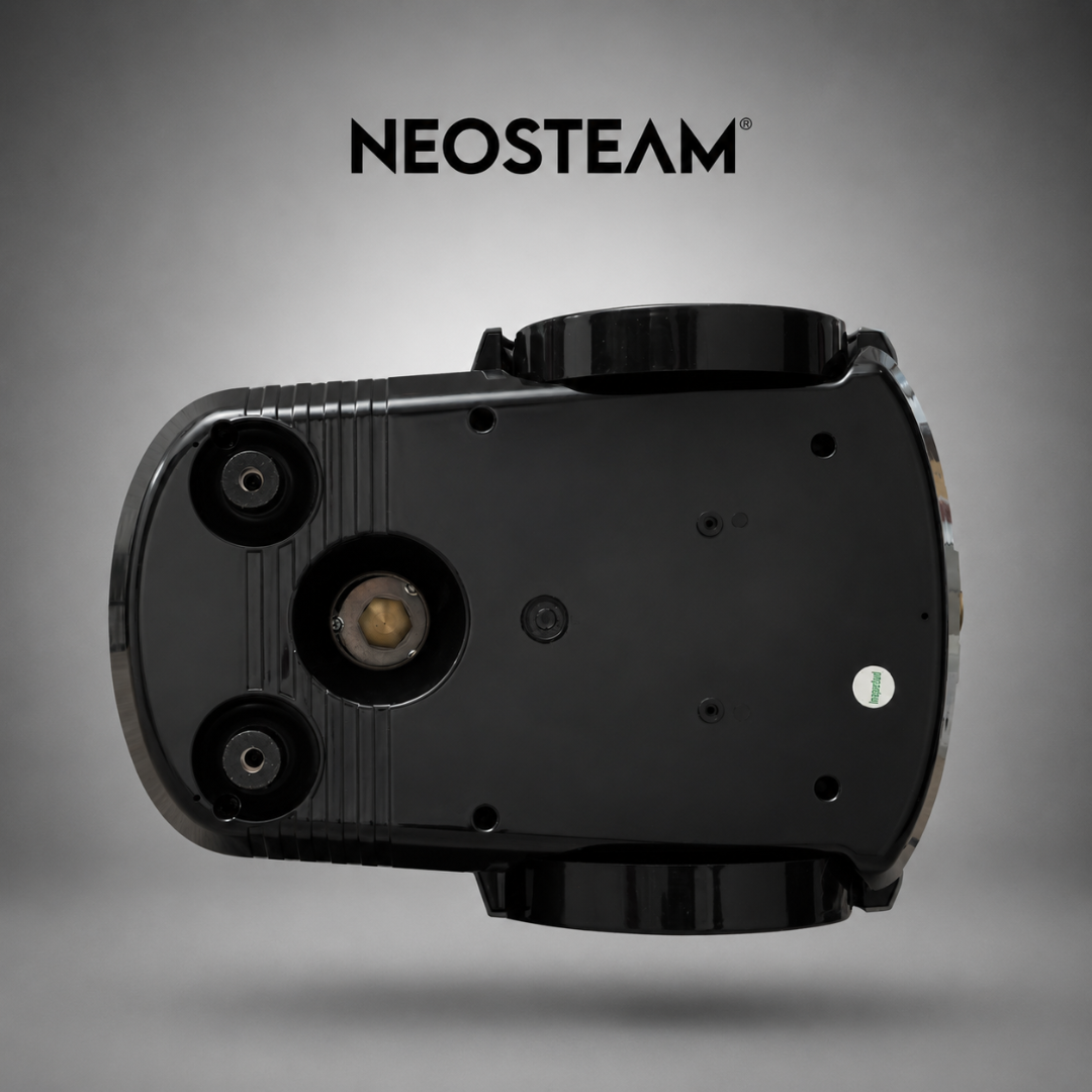 56 - NeoSteam Bottom view of a black Neosteam appliance with three wheels and a central port; NEOSTEAM logo above.