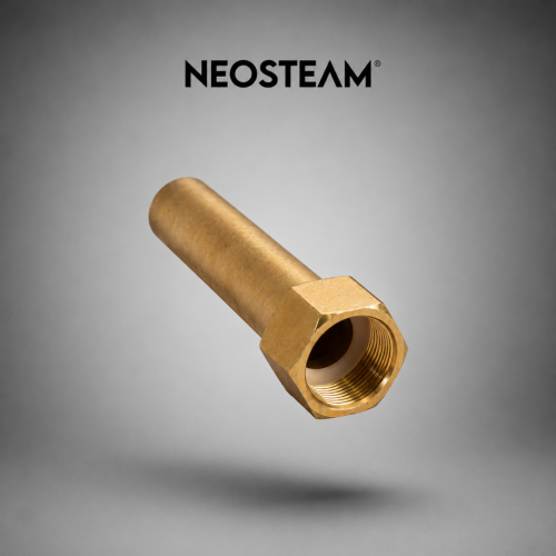 59 1 - NeoSteam Brass threaded pipe fitting with a hexagonal end, angled diagonally against a gray backdrop with NEOSTEAM logo above.