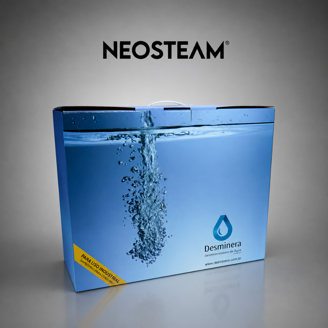 62 - NeoSteam Blue Desminera product box with a splash of water, under a NEOSTEAM header logo. A yellow warning label is visible on the lower left edge.